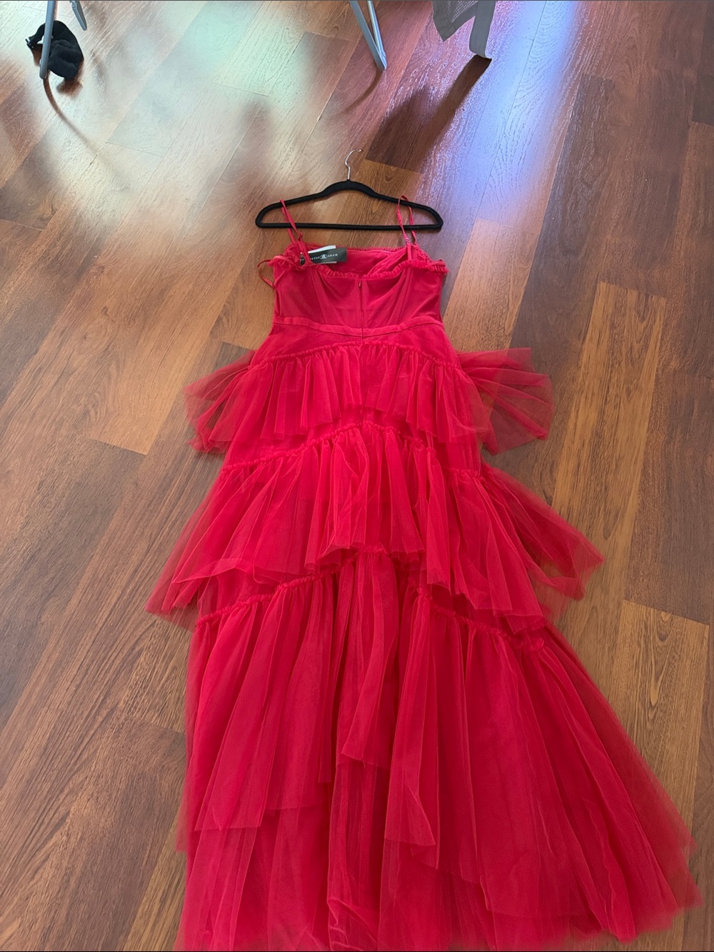 Betsy & Adam Red Tiered Tulle Spaghetti-Strap Maxi Dress - Picture 3 of 4